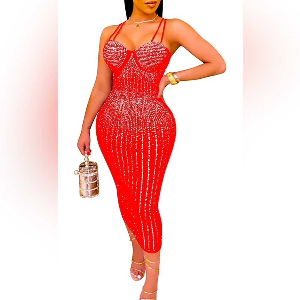 Red Rhinestone Dress Clubwear